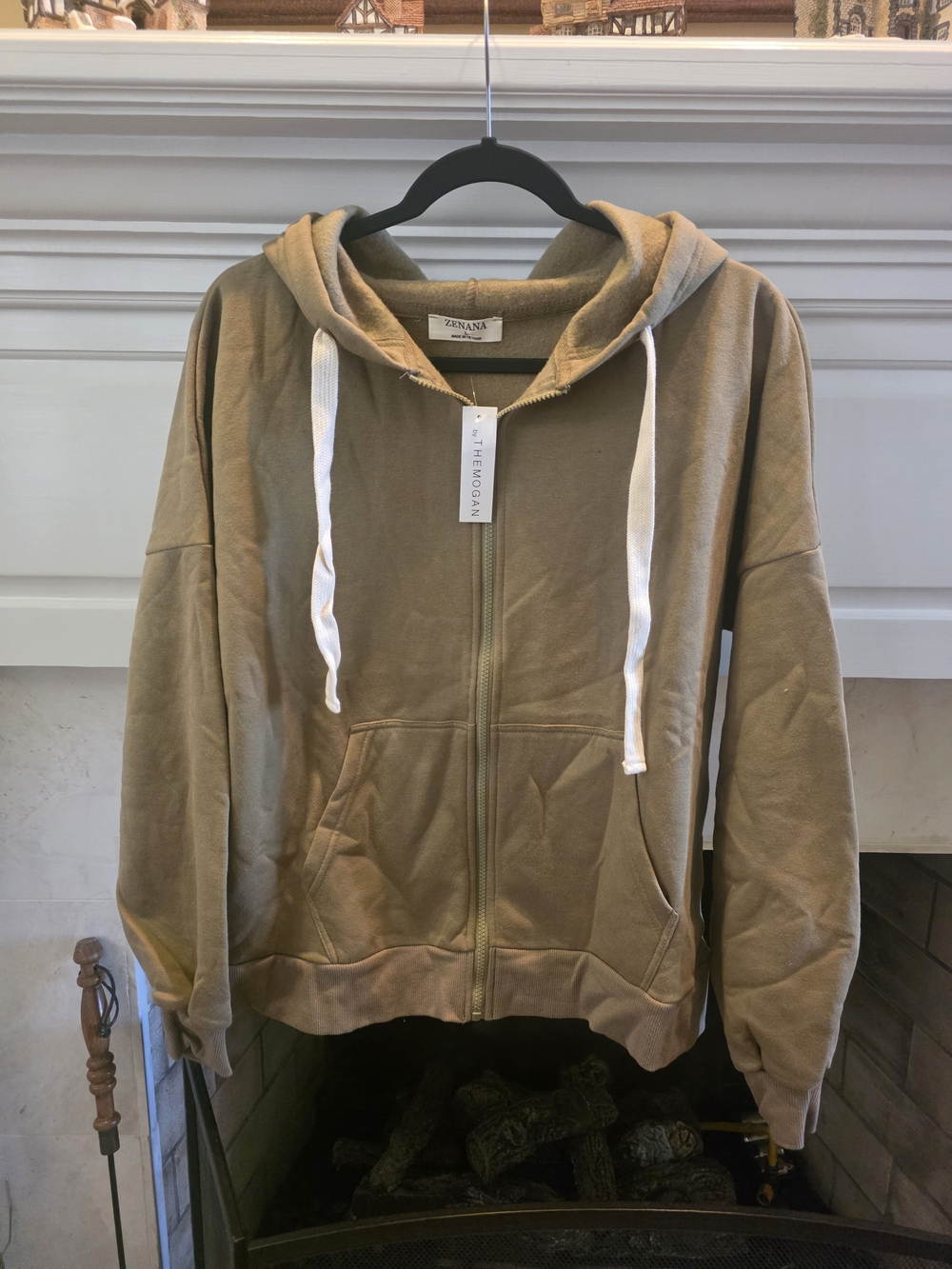 Zenana Outfitters Olive Green Zip Hoodie with Cream Drawstrings